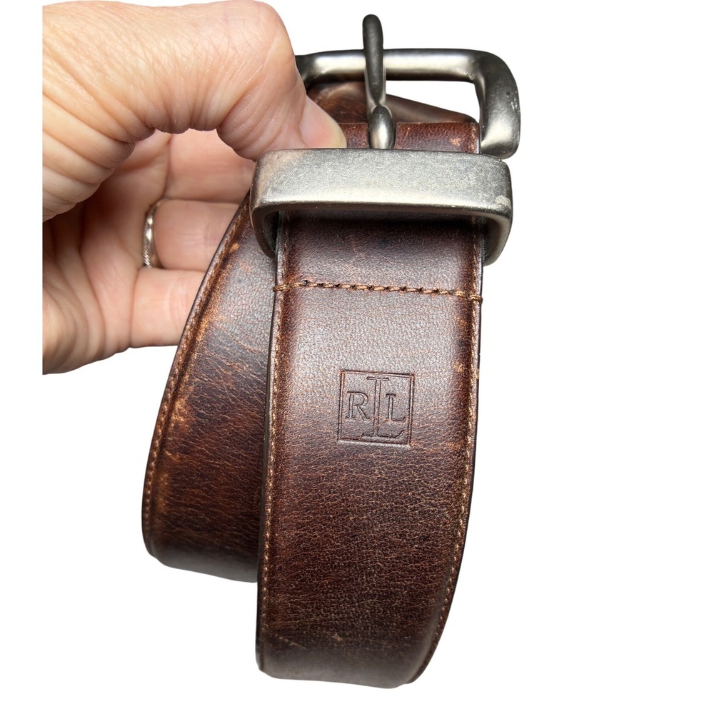 Lauren Ralph Lauren Brown Leather Belt Distressed Silver Buckle Size 42